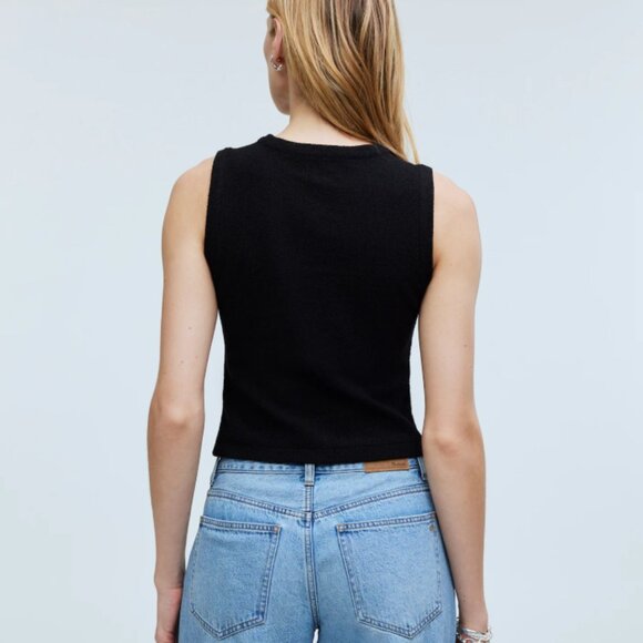 Madewell Split-Crewneck Cardigan Tank in True Black Textured Cotton-Blend Ribbed - Picture 4 of 12